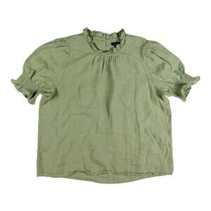 J.Crew Green Linen Blouse Women’s Size Large Short Sleeve Ruffle Neck Top L